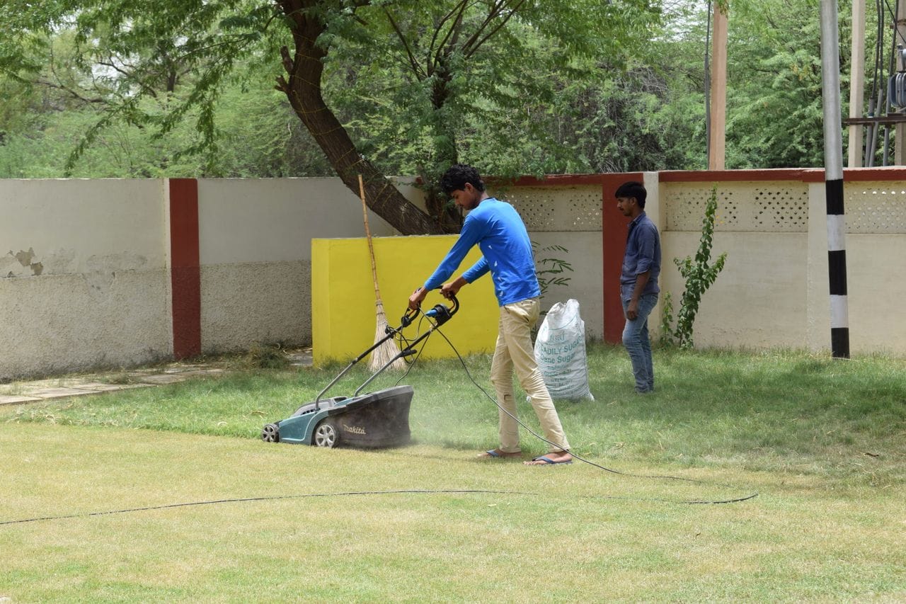 Young men working together on lawn maintenance with a mower in a sunny garden setting.